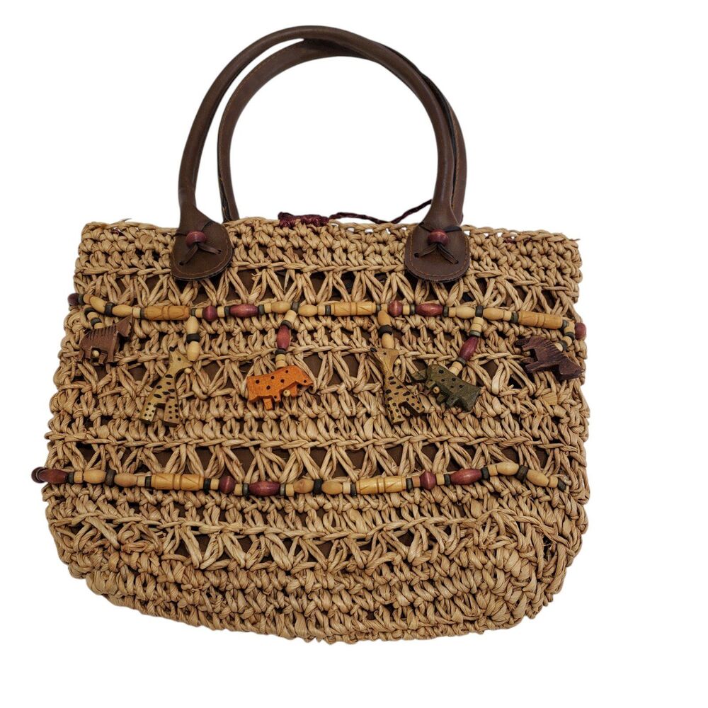 Cute Woven Woman's Satchel / Purse with Carved Animal Decor, Approx. 10 x 9 x 4